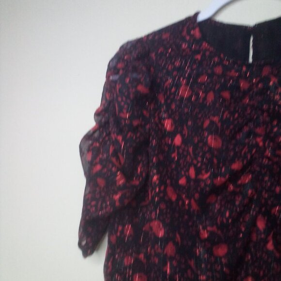 Express Blouse Shirt Women S 1/2 Gathered Sleeves Lined Pattern Red Black - Picture 4 of 15